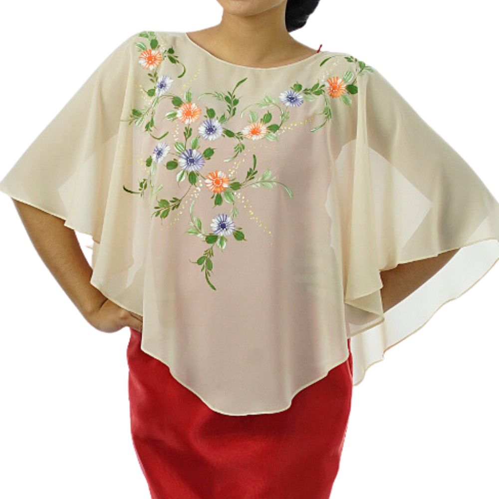 Hand-painted Filipiniana-inspired Silk Poncho, One size