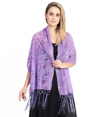 Embroidered Sequins Shawl with Tassel