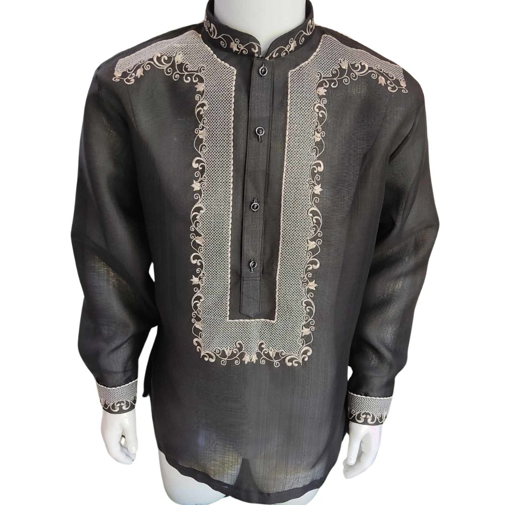 Men's Chinese Collar Silk Organza Barong Tagalog, Black